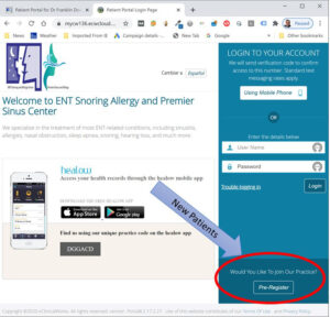 Patient Portal highlighting new patient pre-registration link